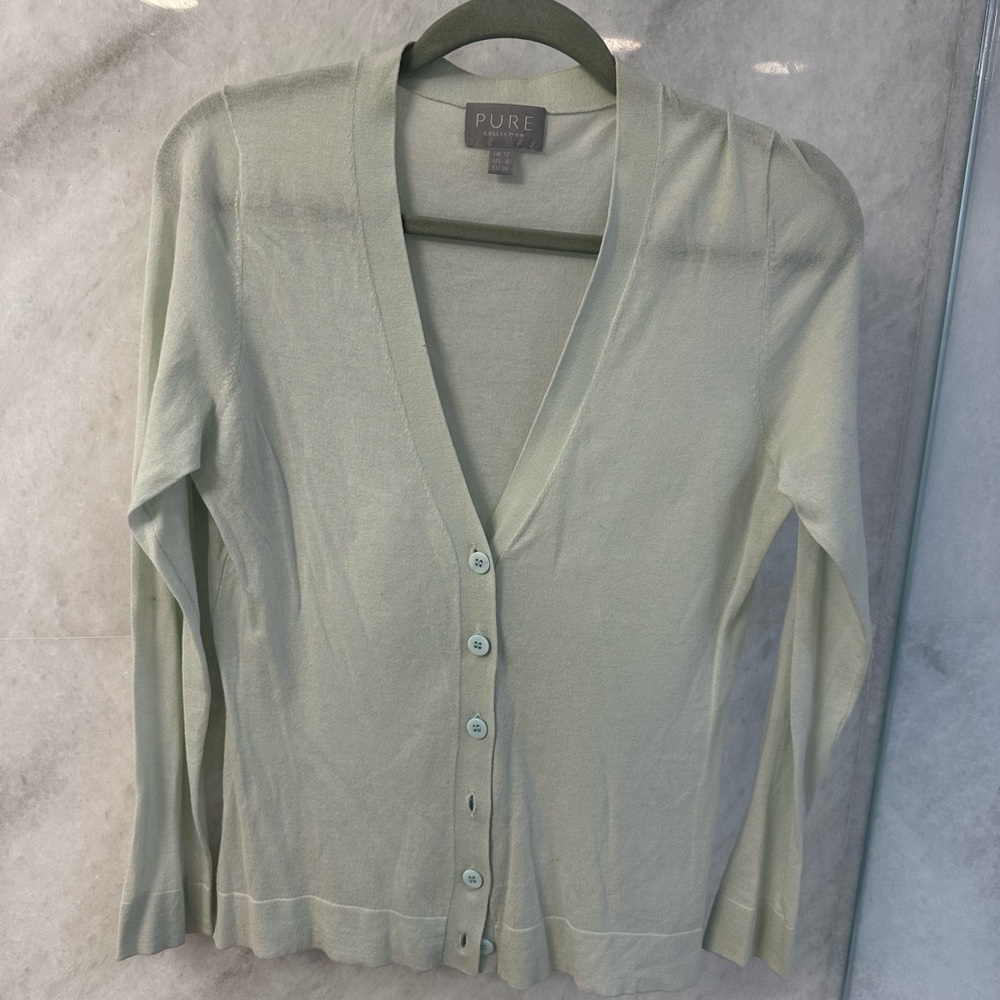 Pure Collection Green Cardigan Sweater V-Neck Lightweight
